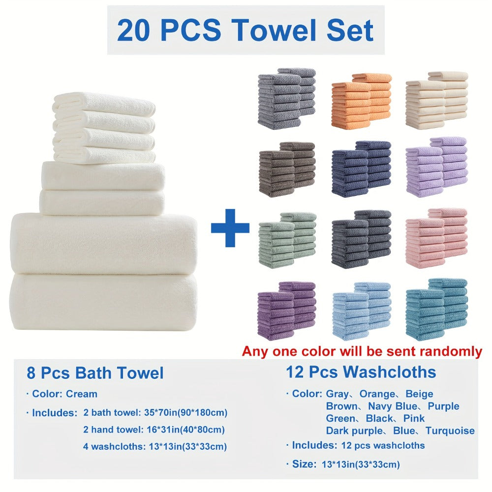 Twenty-Piece Bath Towel Set with Eight Large Towels and Twelve Washcloths in Ten Exact Color Options