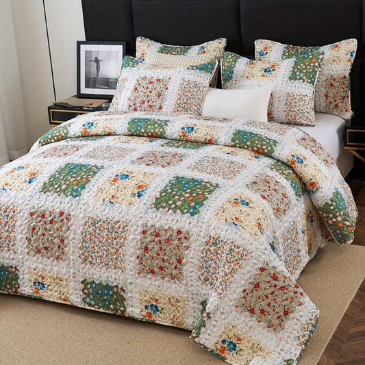 Quilt Set 2 3 Piece Lightweight Floral Patchwork Coverlet Bedding Set with Pillow Shams, Boho Quilted Bedspread for Twin Full Queen King, All Season Soft Cozy Bed Cover Green Blue Pink Grey