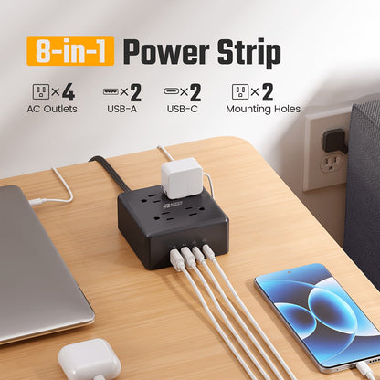 Widely Spaced Outlet Power Strip 8-in-1 with 4 AC Outlets & 4 Smart USB Ports, Surge Protector, 4ft Extension Cord, Portable Desktop Charging Station for Home, Office, Hotel, Dorm & RV – Multiple Colors