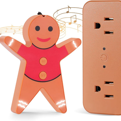 Christmas Tree Remote Control Socket with Built-in Music Function – Wireless 100-Foot Range Outlet Switch for Holiday Lights & Decorations, Gingerbread Design, Easy Plug-In Setup