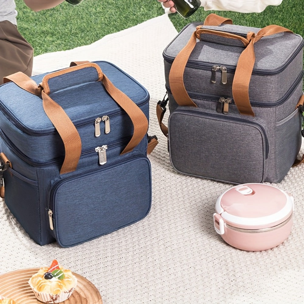 Double-Layer Lunch Carrier Bag with Shoulder Strap and One-Piece Checkout Options in Three Colors