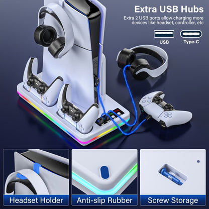 RGB Console Stand Compatible with PS5, Slim and Pro Models, Three-Speed Fan and Dual Controller Charging Dock