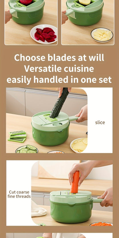 16-in-1 Green Vegetable Chopper with Round Container, Grid Dicing Plates, Slicer, Grater and Peeler Pieces