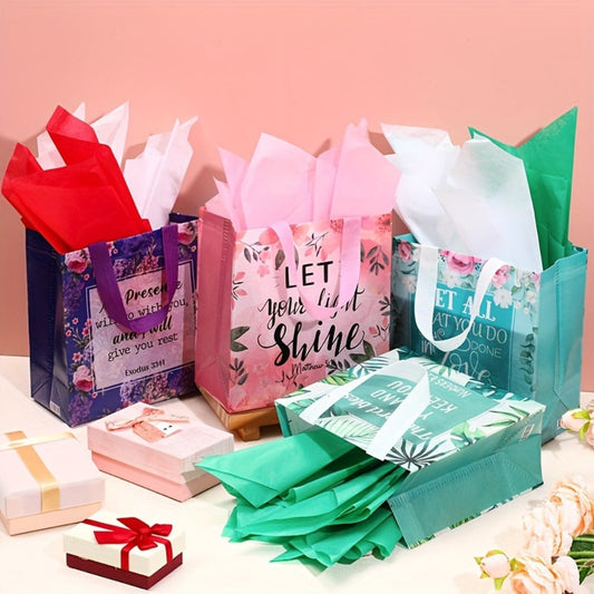 Bible Verse Tote Bags Bulk 32 Pcs Floral Religious Gift Bags with Handles Reusable Non-Woven Inspirational Bags for Christian Baptism Wedding Birthday Church Women Girls Party Favor Bags