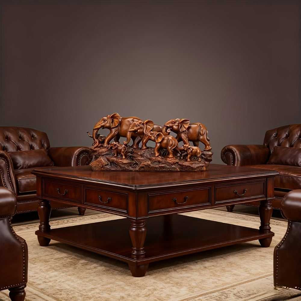 Elephant Family Figurine with Resin Herd Sculpture on Textured Base, 36 x 16 x 10cm Horizontal Shelf Format