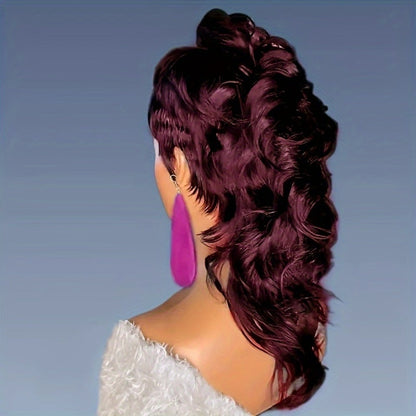 Pixie Cut Mullet Wig with Bangs Curly Wave Synthetic Hair 150% Density Rose Net Cap – Heat Resistant Short Layered Wig for Women Daily Wear Cosplay Fashion Black Burgundy 14 Inch
