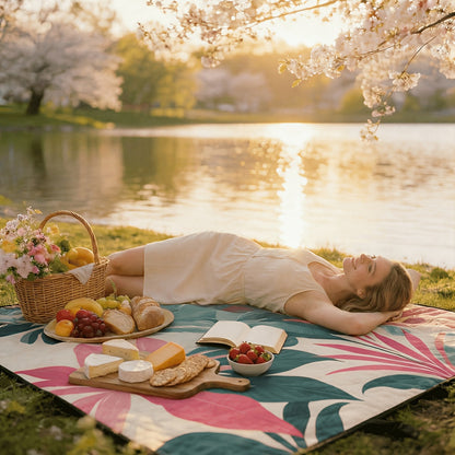 Large Padded Picnic Blanket with Carry Straps in Geometric, Palm-Village or Tropical Leaf Prints