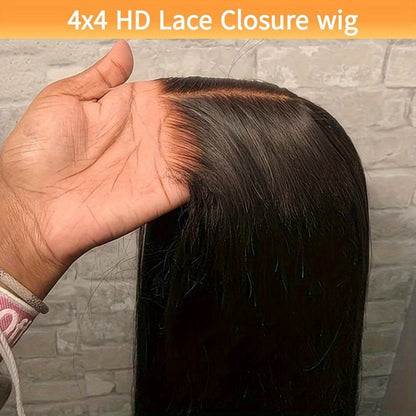 4x4 Lace Closure Straight Human Hair Wig in Natural Black with 12, 22 or 28 Inch Options for Women