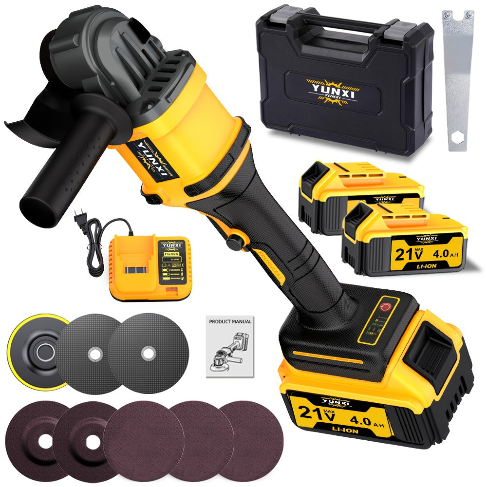 Power Tools YUNXI Cordless Angle Grinder with Rechargeable Battery, Polishing Accessories and Case Options