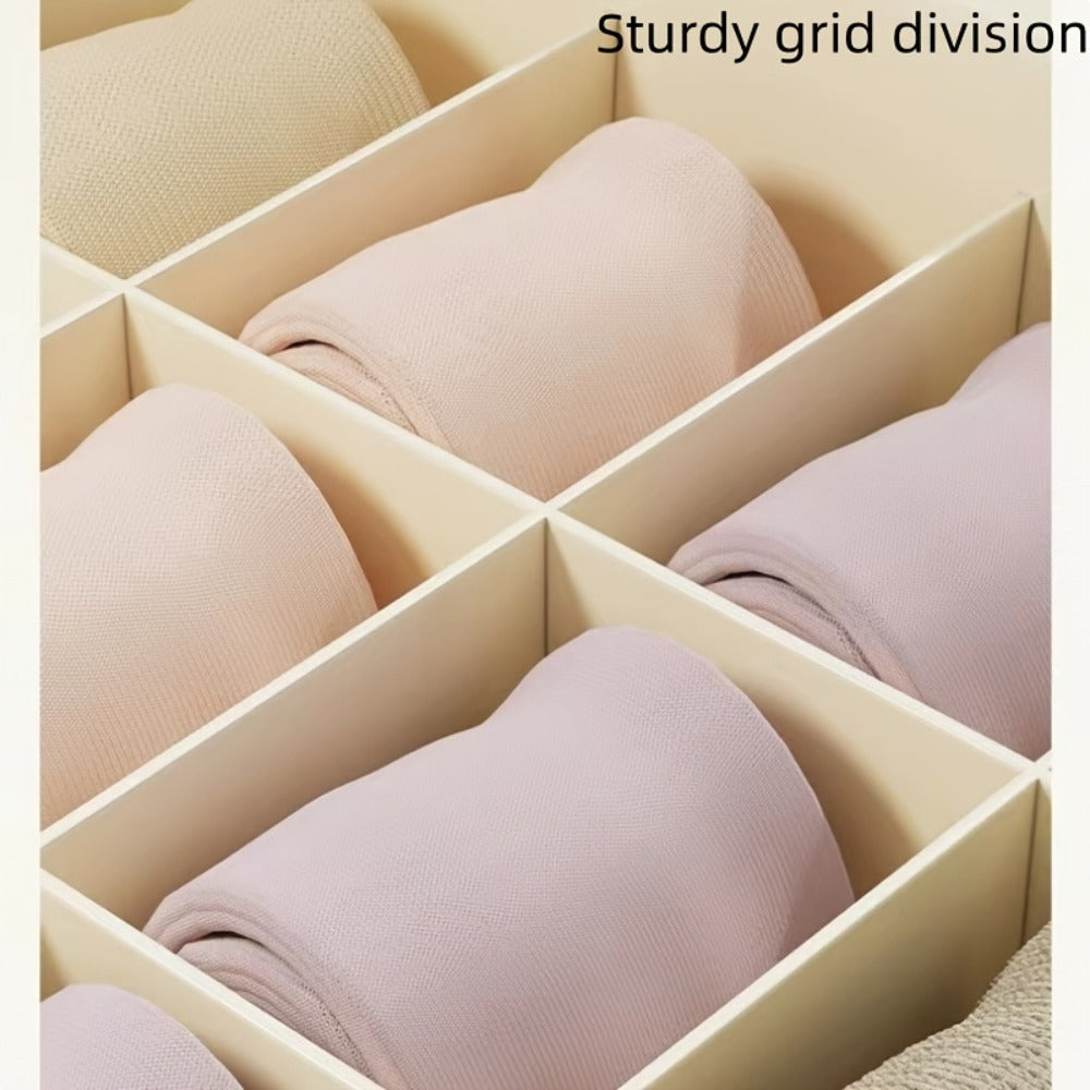 Three-Piece Beige Drawer Organizer Bin Set with Lidded Dividers for Underwear, Socks and Small Accessories