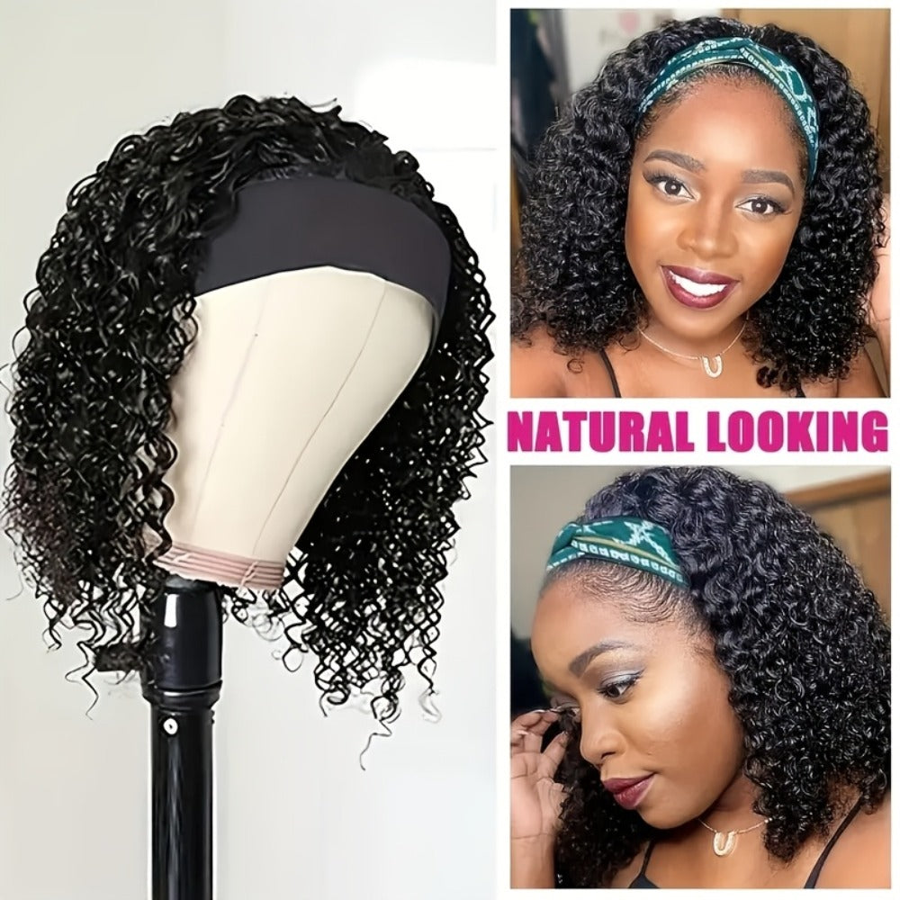 Black Curly Headband Wig in 12, 16 or 22 Inch Protected Length Options with Elastic Cap and Combs