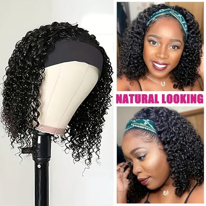 Black Curly Headband Wig in 12, 16 or 22 Inch Protected Length Options with Elastic Cap and Combs