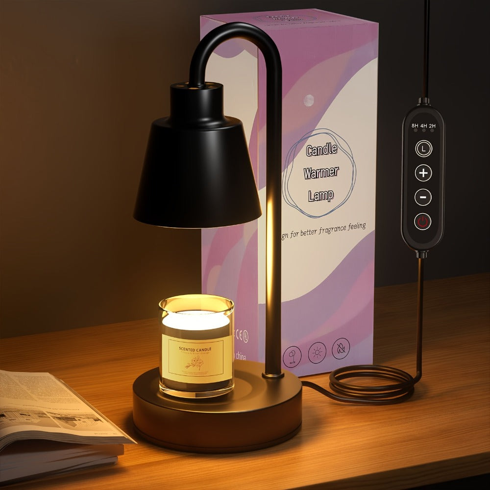 Two-Pack Black Candle Warmer Lamps with Conical Shades, Wood-Look Bases, Four Brightness Levels and Timer Controls