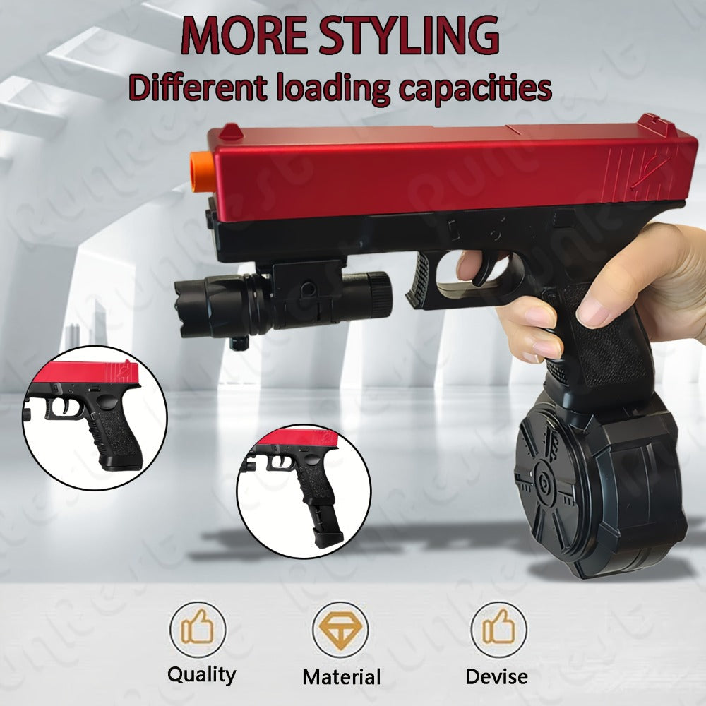 Red-and-Black Electric Gel Blaster Set with Three Magazine Styles, Flashlight, Goggles and Charging Cable