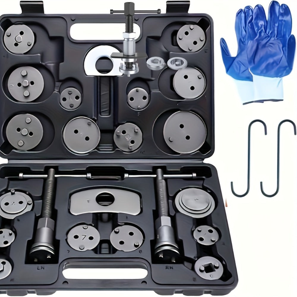 Brake Caliper Wind Back Tool Kit 26-Piece – Brake Caliper Compression Tool Set with 18 Disc Adapters, Thrust Bolt Assemblies, Retaining Plates & Caliper Hangers | Carbon Steel, Blue Case