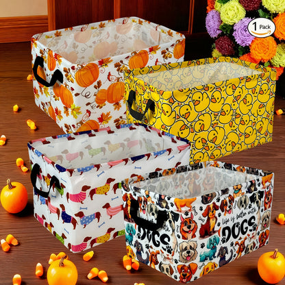 Collapsible Storage Basket with Handles Cute Cartoon Print Canvas Bin Box for Clothes Books Toys Shelves Laundry Bedroom Nursery Organizer Cube Gift Basket