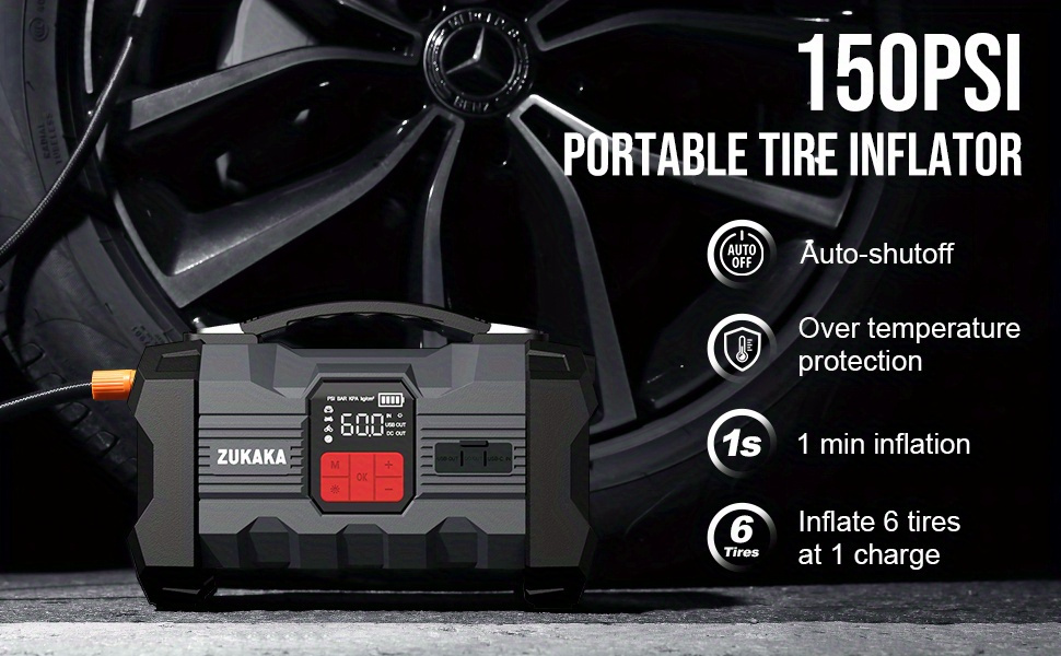 Jump Starter with Air Compressor 9000A Peak 10-in-1 150 PSI for All Gas 10L Diesel 12V USB USB-C Digital Display LED 10 Safety Protections Power Bank