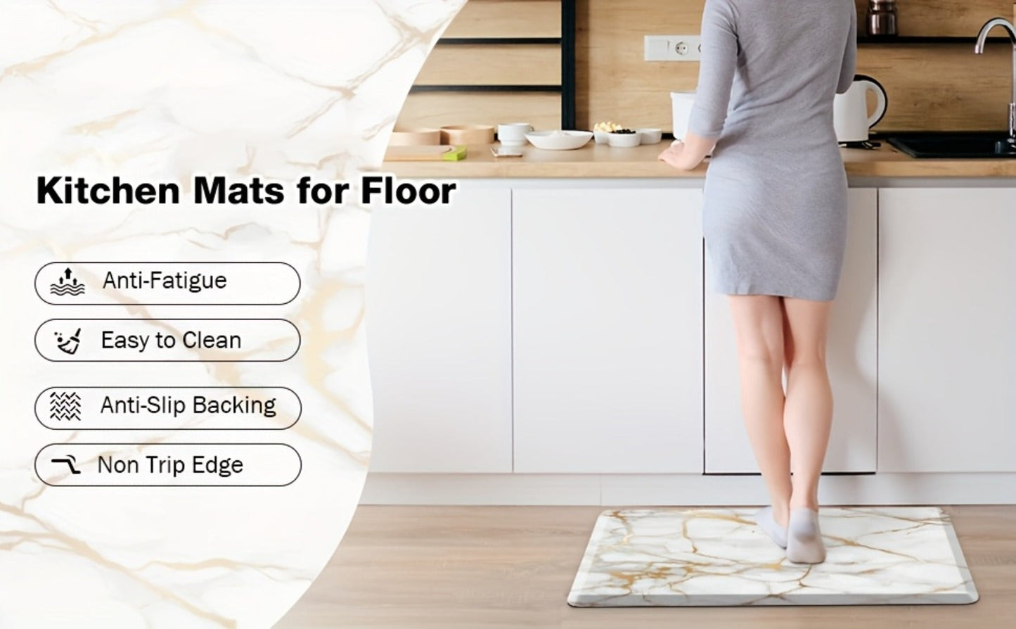 Marble-Pattern Kitchen Floor Mat in Three Exact Rectangular Sizes with Cushioned Low-Profile Form