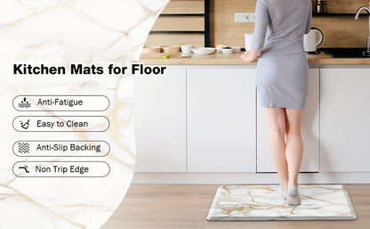 Marble-Pattern Kitchen Floor Mat in Three Exact Rectangular Sizes with Cushioned Low-Profile Form