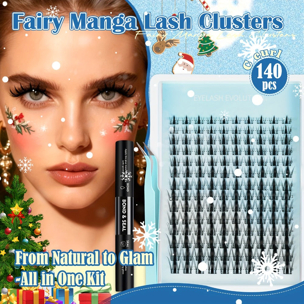 C-Curl Spike Lash Extension Kit with 140 Clusters in Mixed 8-18mm Lengths, Adhesive Tube and Curved Applicator