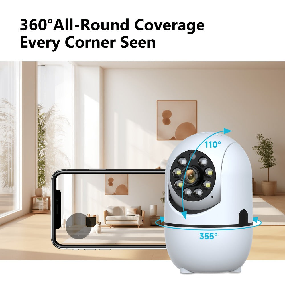 Indoor Security Camera with 355° Pan-Tilt, Color Night Vision, Two-Way Audio and Pack Options