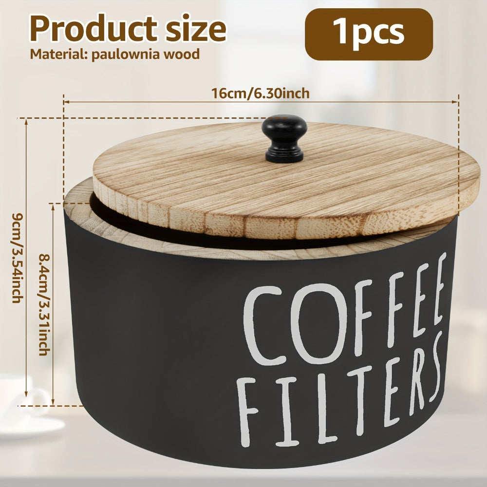 Wooden Coffee Filter Holder with Lid – Large Capacity Rustic Round Organizer Dispenser for Coffee Filters & Tea Bags, Bamboo Lid, Kitchen Countertop Coffee Bar Decor