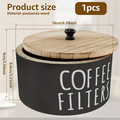 Wooden Coffee Filter Holder with Lid – Large Capacity Rustic Round Organizer Dispenser for Coffee Filters & Tea Bags, Bamboo Lid, Kitchen Countertop Coffee Bar Decor