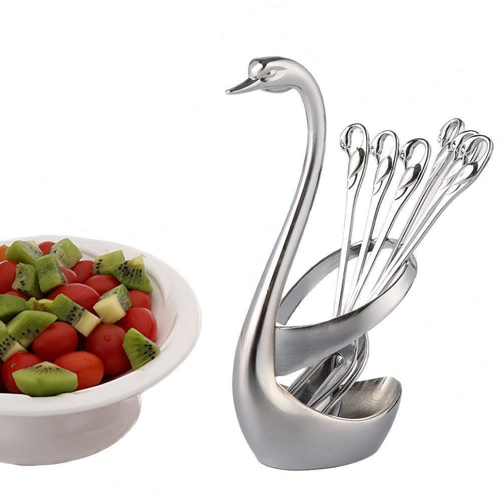 Swan Cutlery Rack Set 7pcs Stainless Steel Decorative Silverware Holder with 3 Forks & 3 Spoons - Elegant Swan Shaped Flatware Stand for Table Decor, Holiday Dining, Christmas Halloween Thanksgiving Gift