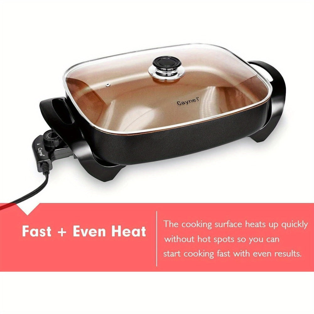 Jumbo Electric Skillet 8-Quart 16x12x3.15 Inch Deep Dish Copper Nonstick with Tempered Glass Vented Lid & Upgraded Thermostat – Large Family Electric Frying Pan for Roasting Frying