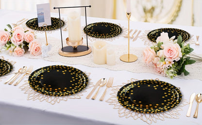 150-Piece Black and Gold Disposable Party Tableware Set with Place Settings for 50 Event Guests