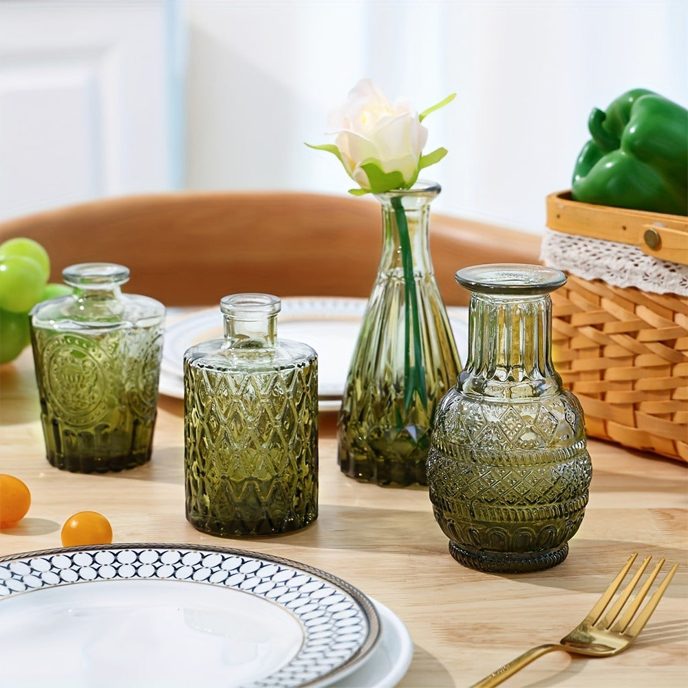 Gradient Green Mini Glass Bud Vases, 14-Piece Mixed Relief Bottle Set for Tables, Weddings and Shelf Decor