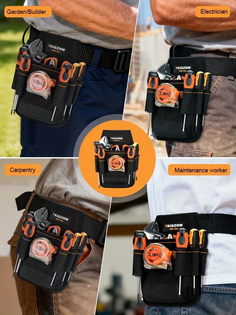 Seven-Pocket Tool Organizer Bag in Black with Open Compartments and Portable Carry Handles for Jobsite Storage