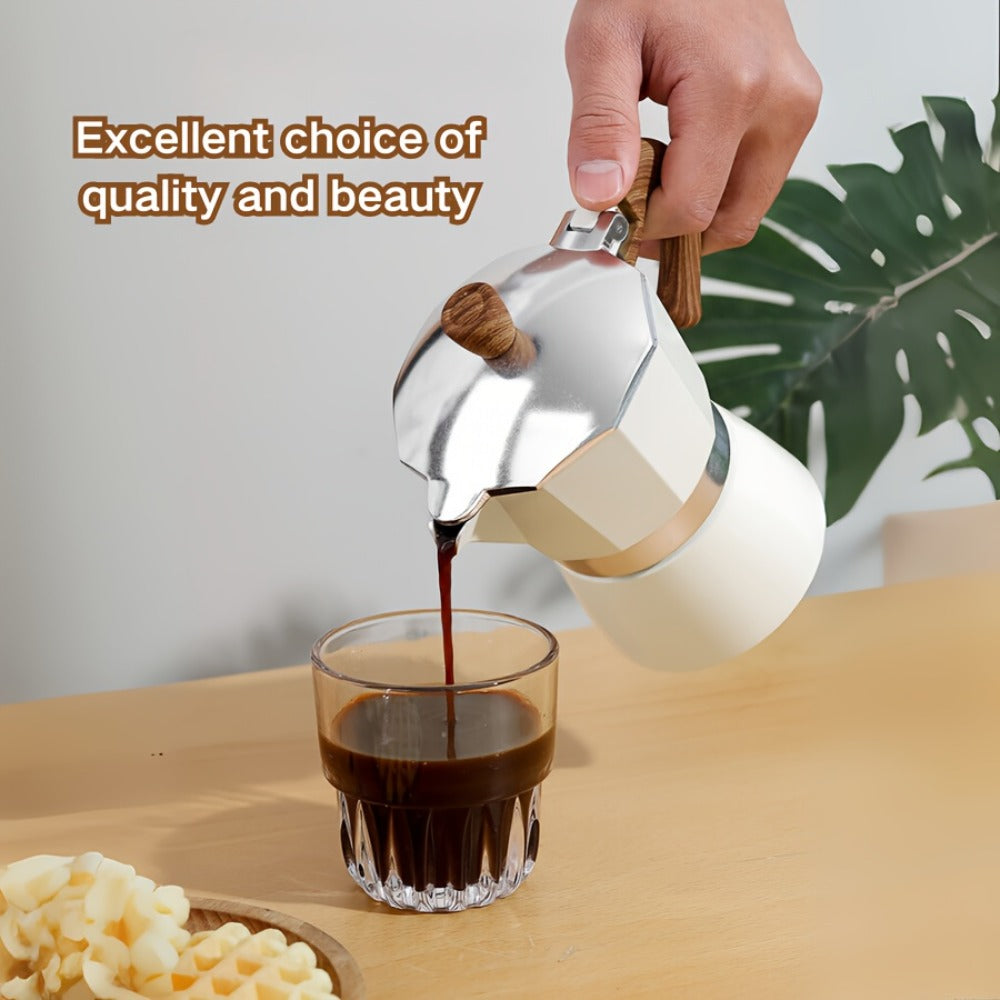 Classic 150ml Stovetop Moka Pot with Faceted Body, Wood-Look Handle and Seven Color Options