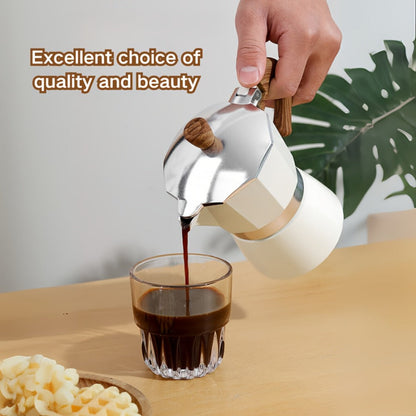 Classic 150ml Stovetop Moka Pot with Faceted Body, Wood-Look Handle and Seven Color Options