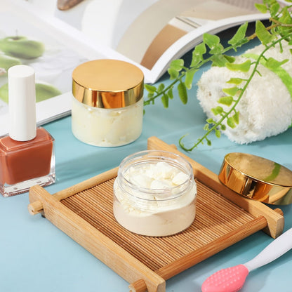 Wide Mouth Plastic Jars with Lids 2oz 100 Pack Clear Cosmetic Containers with Golden Flip Top Lid for Lotion Cream Body Butter Lip Balm Rhinestones Glitter Beads Travel Sample Storage
