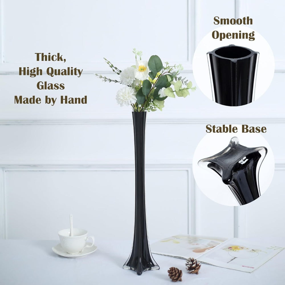 Eiffel Tower Vase Pack of 12 – Tall Glass Flower Vases for Wedding Centerpiece, Event Table Decor, Floral Arrangements & Party Decoration, Clear Black White, 12" 16" 20" 24" Sizes