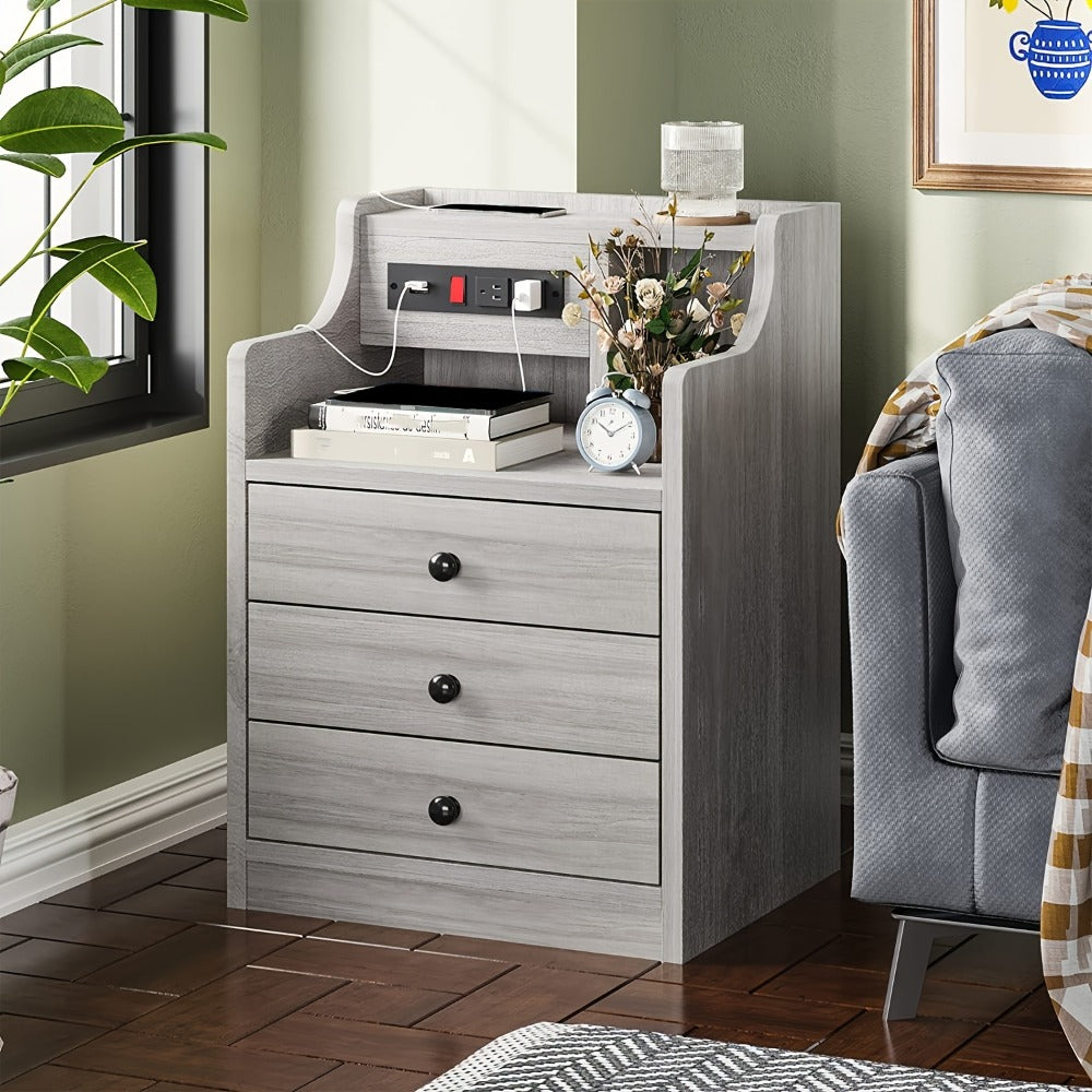 Nightstand 3-Drawer Hutch with Two AC Outlets, Two USB Ports and Gray or White Bedroom Finish