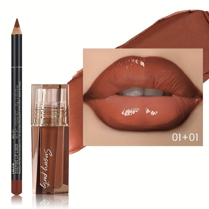 Lip Gloss Lip Liner Set Hydrating Water-Gloss Dewy Finish - 3D Precision Contour Matte Liner, for Makeup, Travel and Everyday Vanity Use
