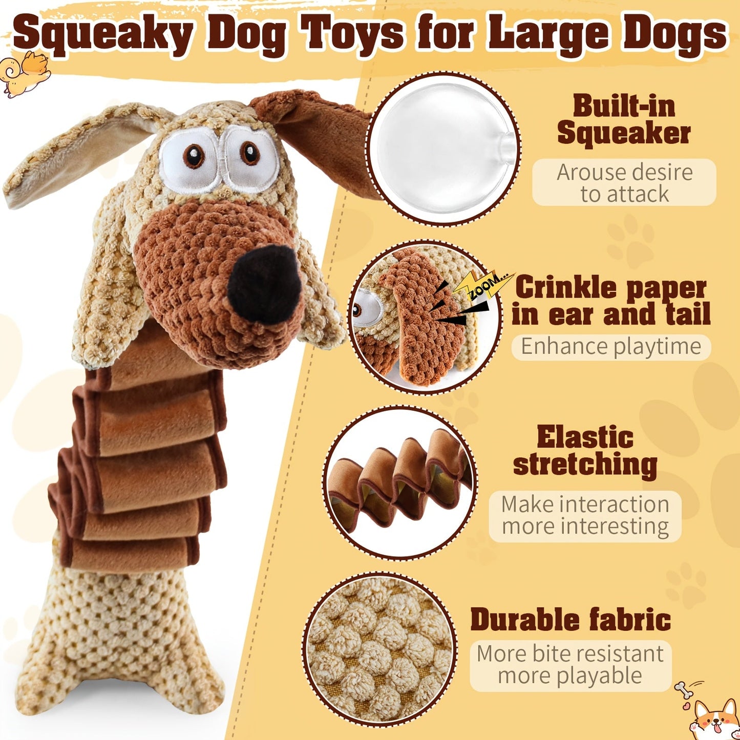 Dog Toy Stretchable Plush Tug with Built-In Squeaker, Crinkle Paper and 15.7 to 19.7-Inch Length