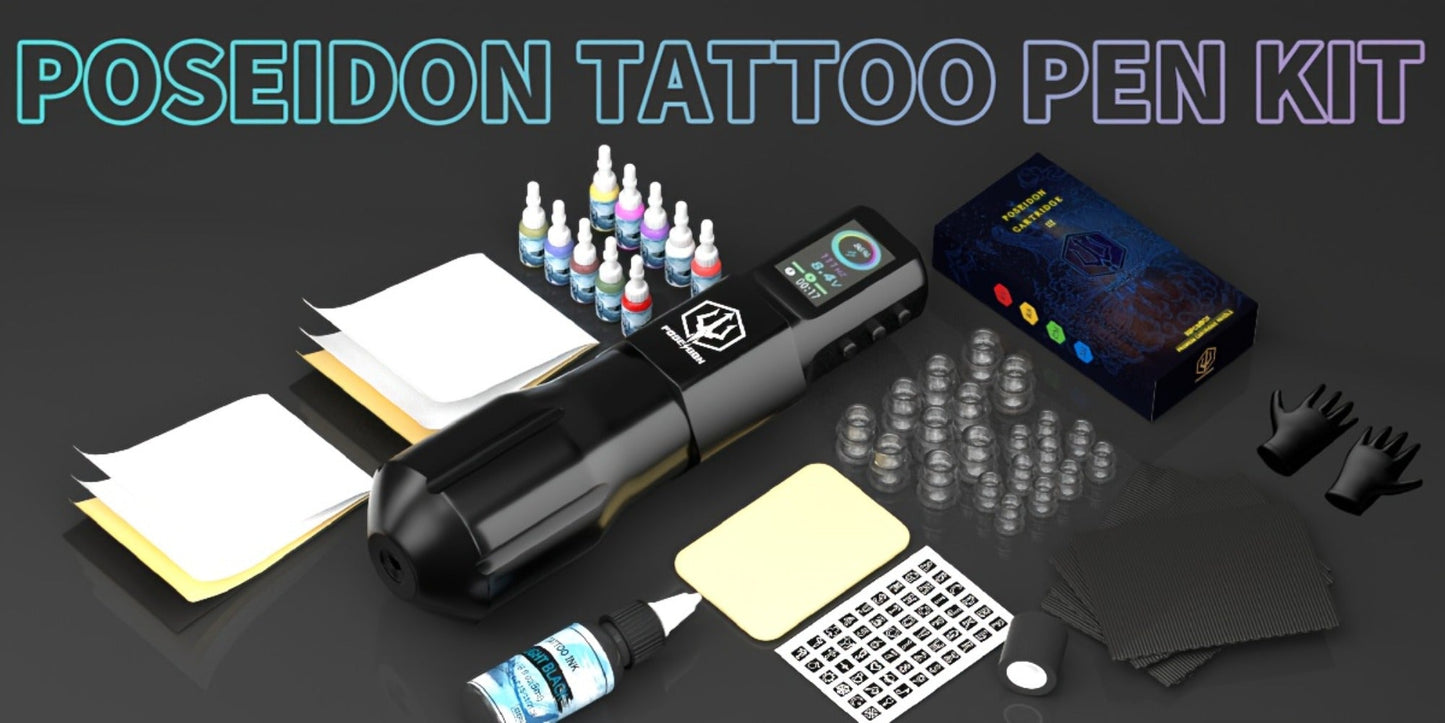 POSEIDON LTK08 Tattoo Kit with 1800mAh Color-Display Pen, 20 Cartridges, 11 Inks and Carry Case