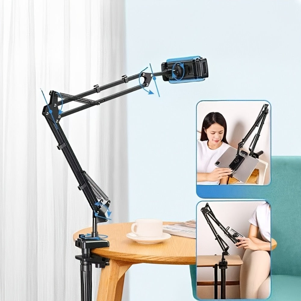 Desk-Clamp Phone and Tablet Holder with Long Articulating Arm, Rotating Device Clamp and Exact Universal Option