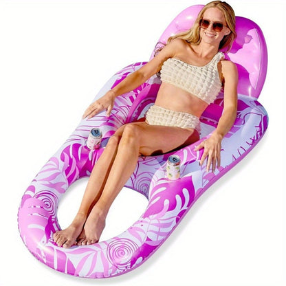 Pink Tropical Inflatable Pool Recliner Float, 60 x 36 x 24 Inches with Mesh Seat and Cup Holder