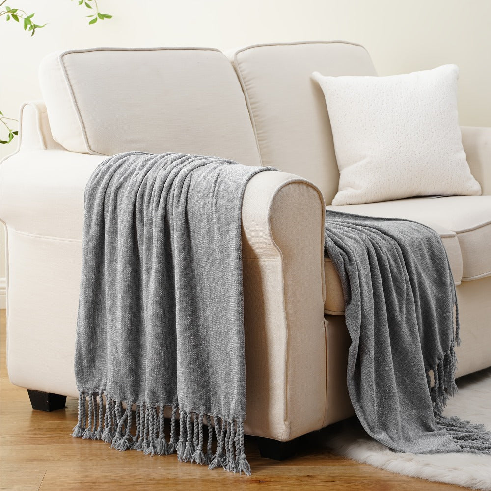 Chenille Fringe Throw Blanket – 180-200gsm Velvety Soft Decorative Throw for Sofa & Couch, Home Decor, 50”×60”, 17 Colors