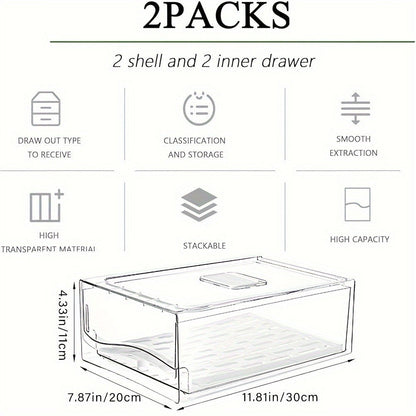 Stackable Fridge Organizer Bins with Drain Board 2 Pack, BPA-Free Refrigerator Drawer Organizer for Produce Fruit Vegetable, Reusable Food Storage Containers for Kitchen