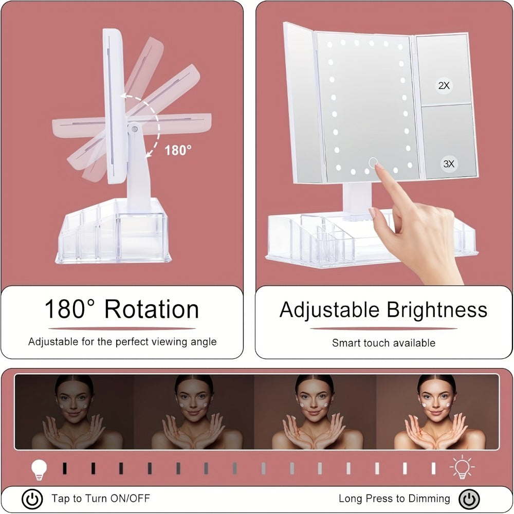 Makeup Mirror Tri-Fold Vanity with 24 LEDs, 1X 2X and 3X Panels, Touch Dimming, Storage Base and Dual Power