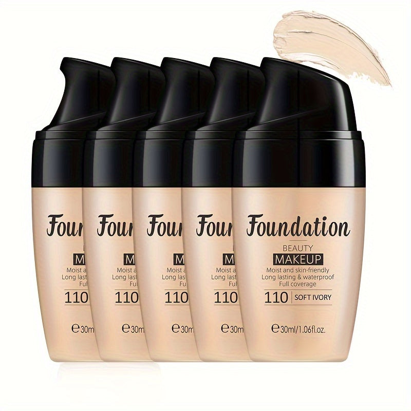 Full Coverage Liquid Foundation Set 3 & 5pcs 30ml — Moisturizing Waterproof Long-Wearing Foundation, Flawless Finish for All Skin Types, Shades: Soft Ivory, Natural & Tan
