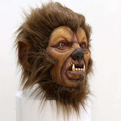 Hairy Brown Beast Costume Mask with Full-Head Creature Face, Pointed Ears and Faux-Fur Surround