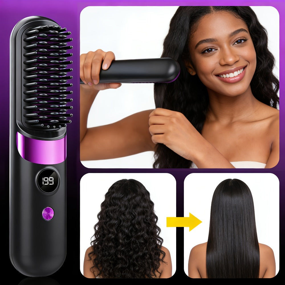 Ionic Hair Straightener Brush USB-C Rechargeable 3-in-1 Straightener Curler Styler — Adjustable Temperature, Anti-Scald Bristles, Frizz Control & Shine Boost, Salon Results at Home for All Hair Types