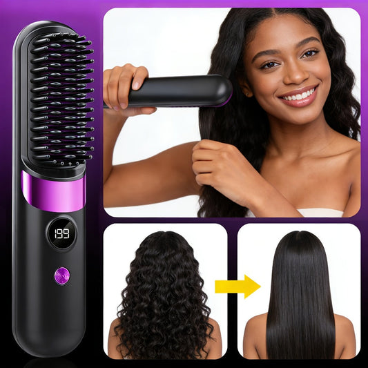 Ionic Hair Straightener Brush USB-C Rechargeable 3-in-1 Straightener Curler Styler — Adjustable Temperature, Anti-Scald Bristles, Frizz Control & Shine Boost, Salon Results at Home for All Hair Types