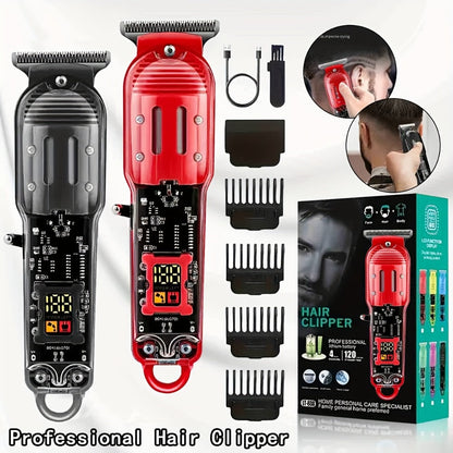 Professional Hair Cutting Kit for Men - Transparent USB Rechargeable Hair Clipper with LCD Display, T-Blade Trimmer, Electric Shaver, 4 Guide Combs & Cleaning Brush - Home Barber Grooming Gift Set
